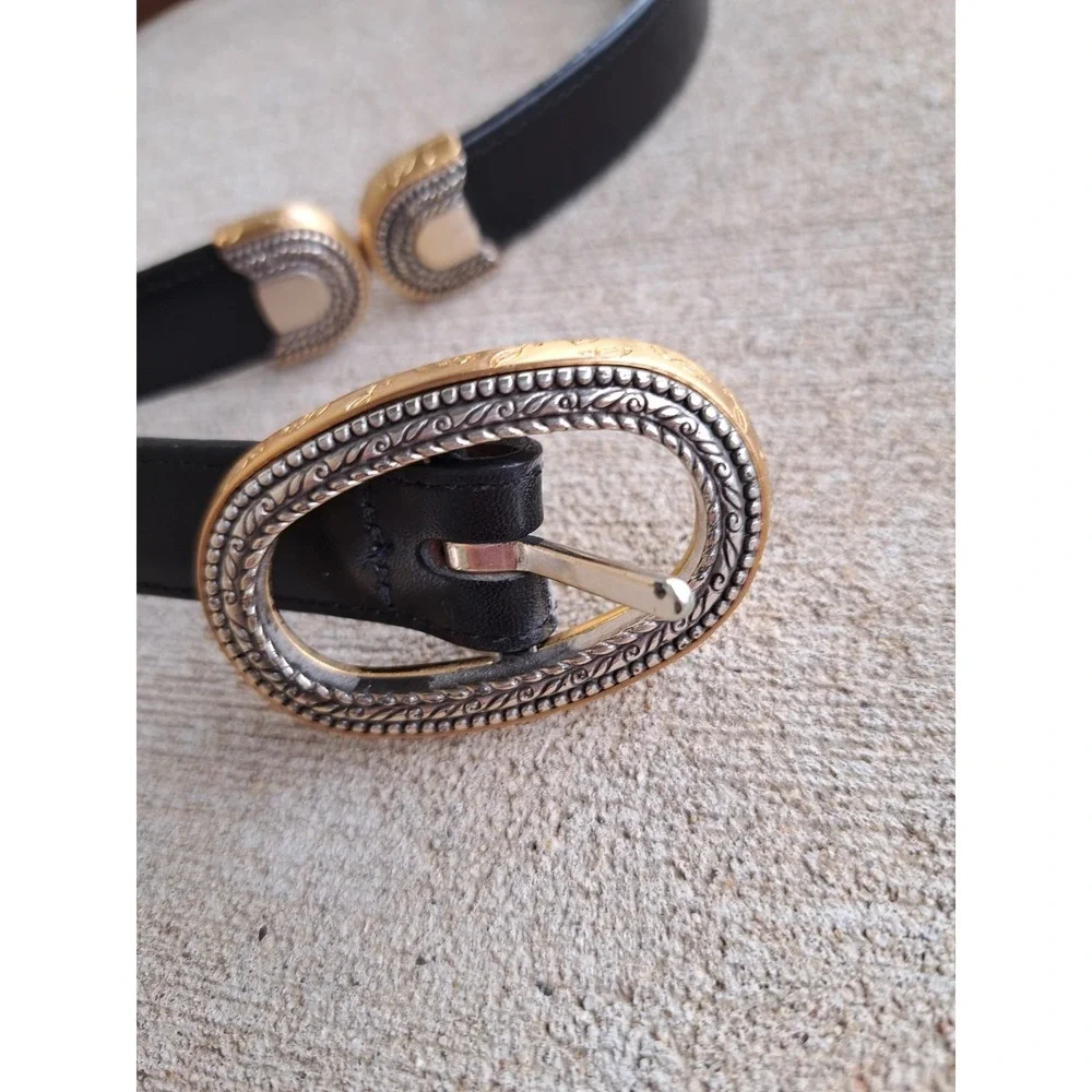 Brighton Women's Reversible Leather Black/Brown Belt Silver/Gold Tone Buckle M-L